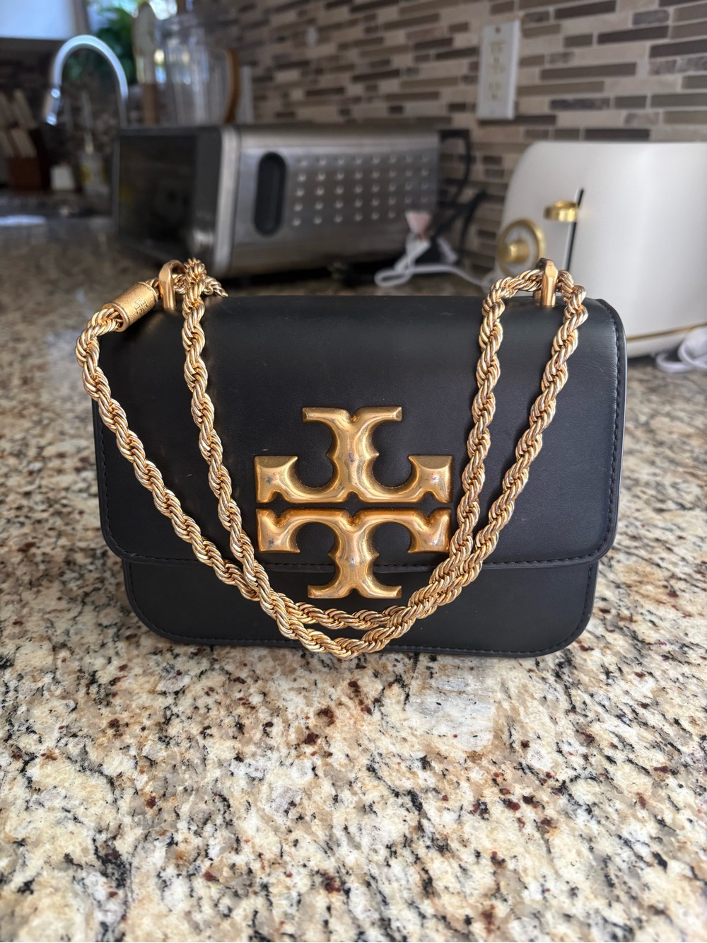 Tory Burch Black Leather Crossbody Bag with Gold Logo and Chain. Authentic.